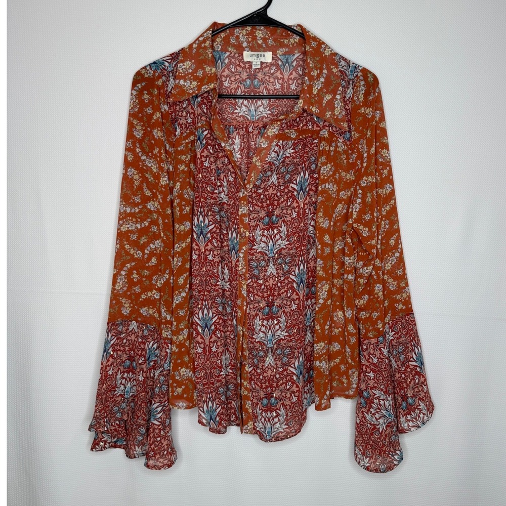Umgee Top Floral Mixed Print Bell Sleeve Orange Red Oversized size Small